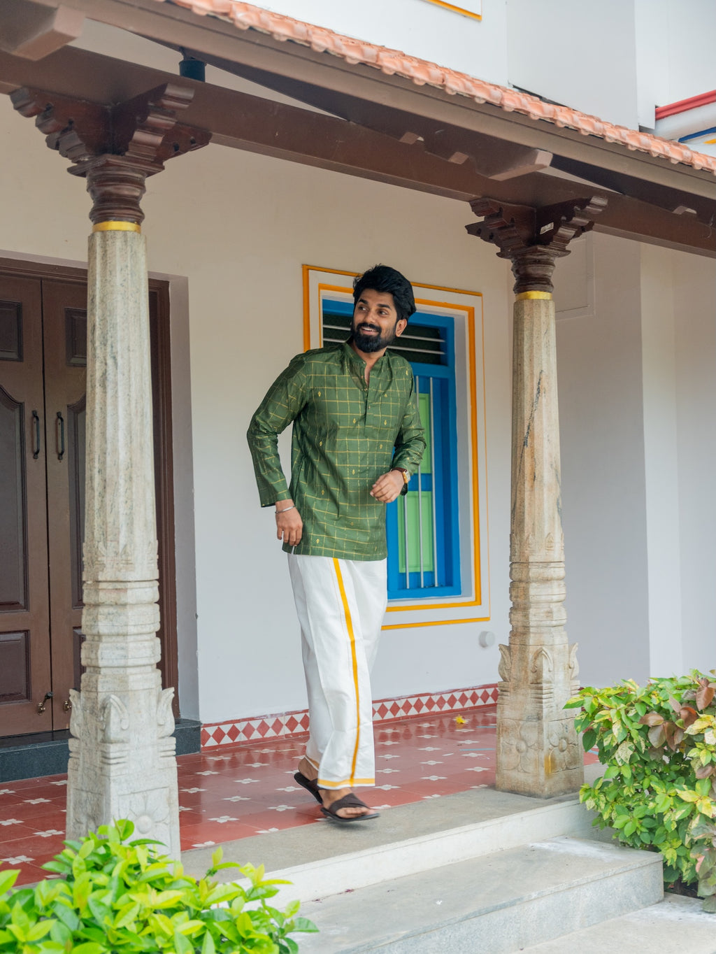 ATHARV - Olive Checks Kurta
