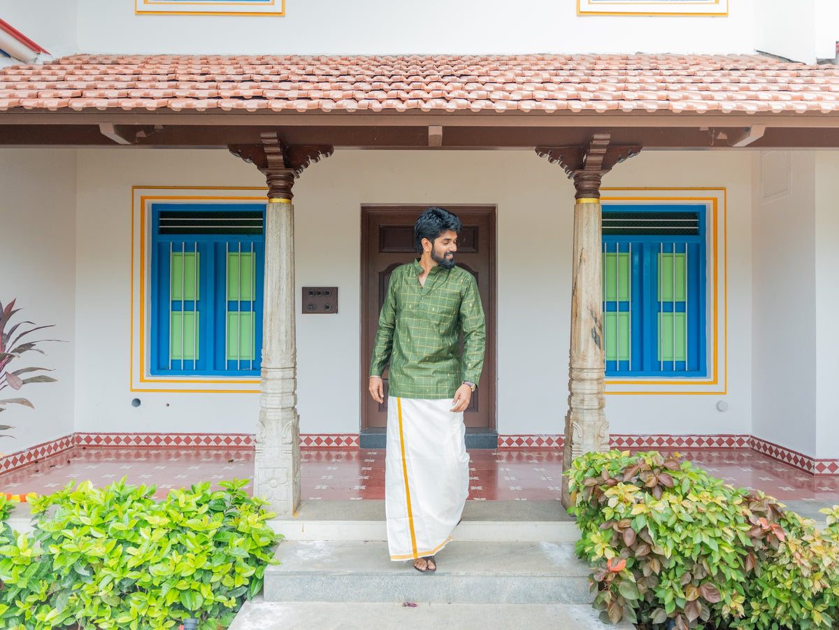 ATHARV - Olive Checks Kurta