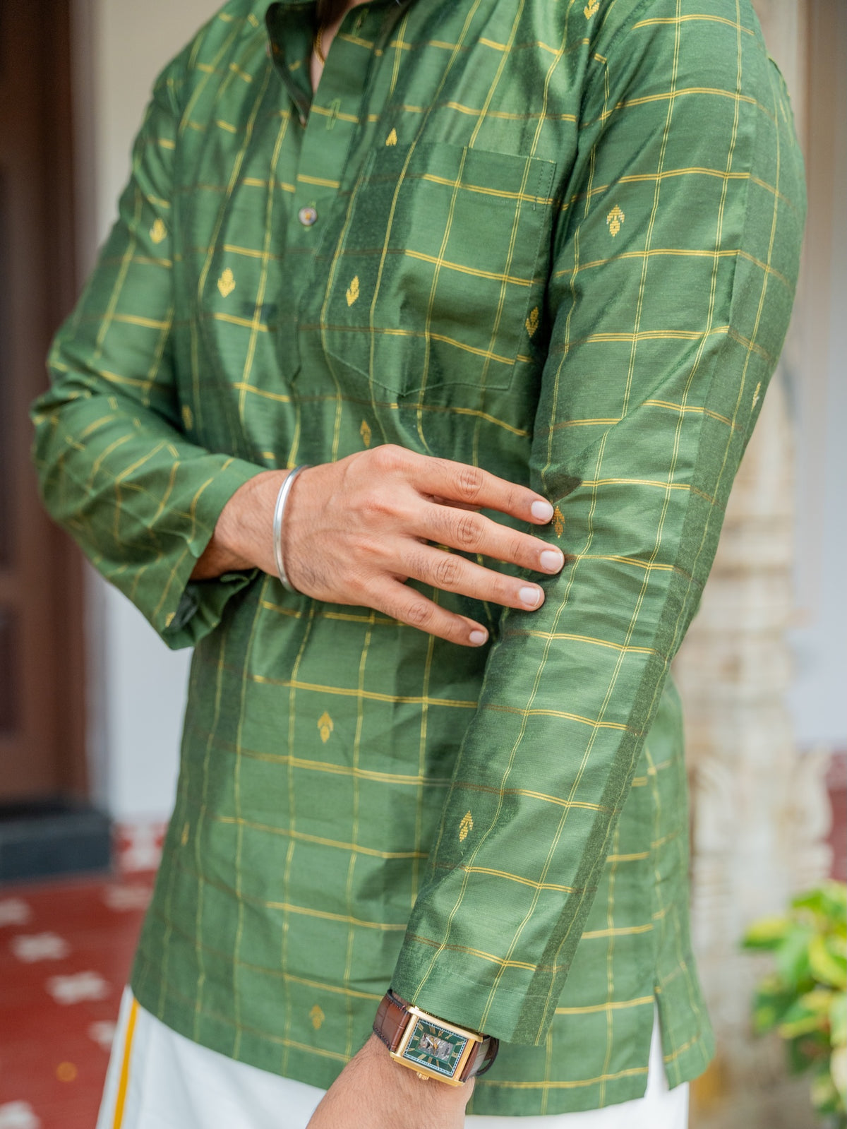ATHARV - Olive Checks Kurta