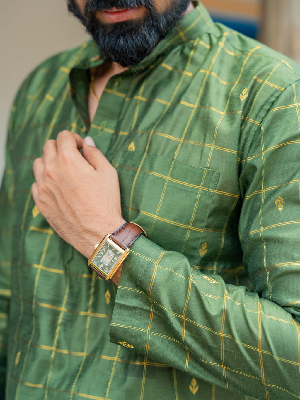ATHARV - Olive Checks Kurta