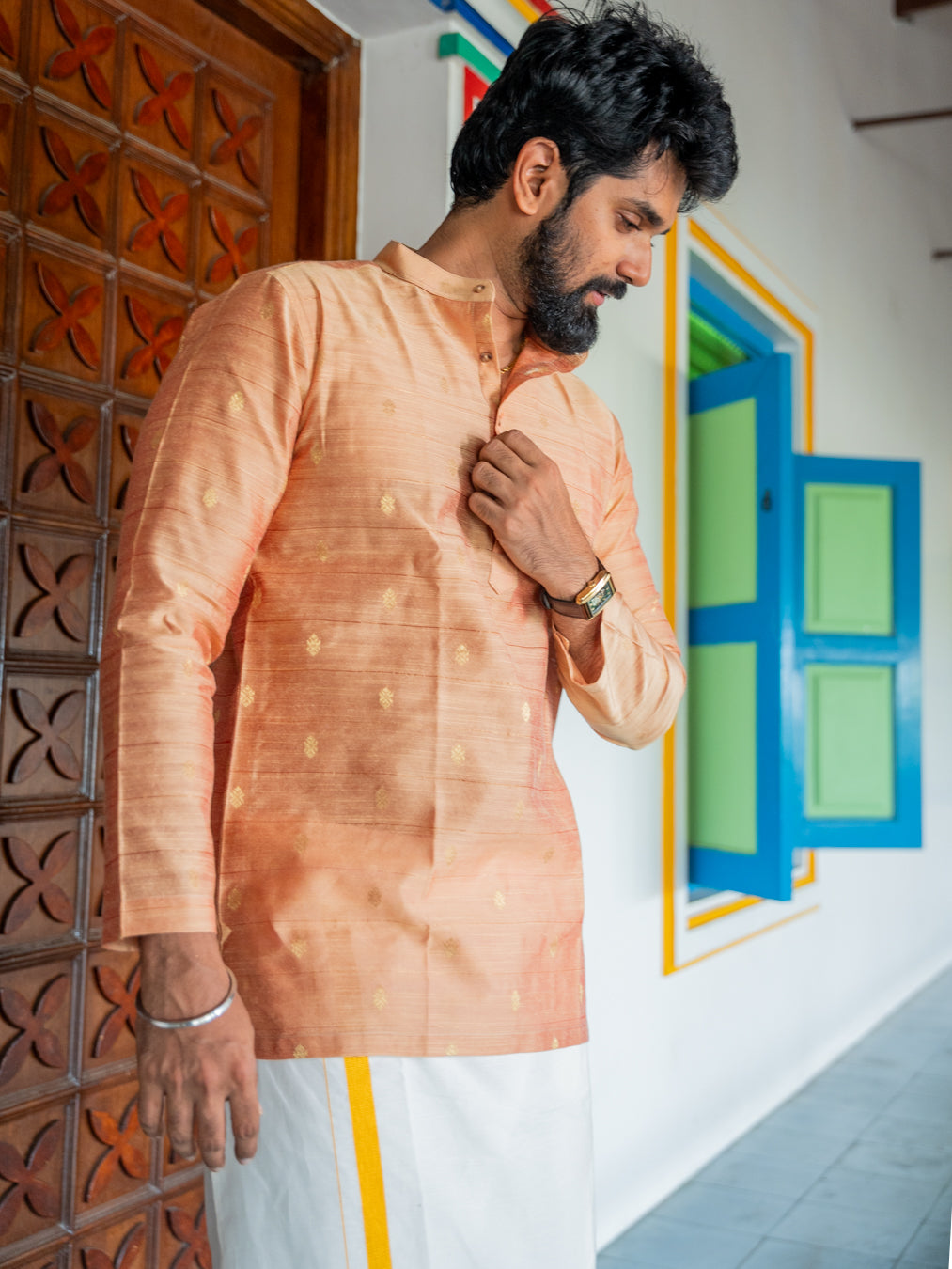 ATHARV - Peach Butta Silk Kurta